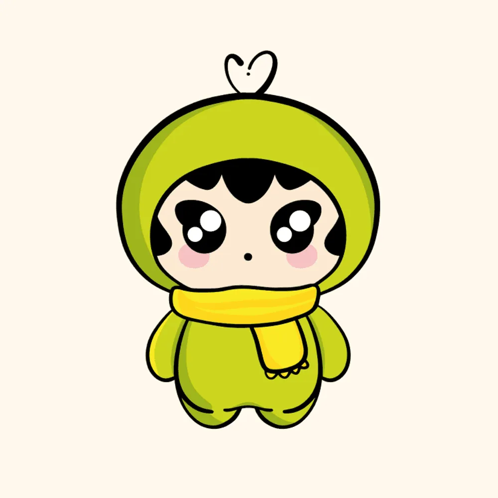 Chibi character in a green hood with a heart-shaped sprout and a yellow scarf